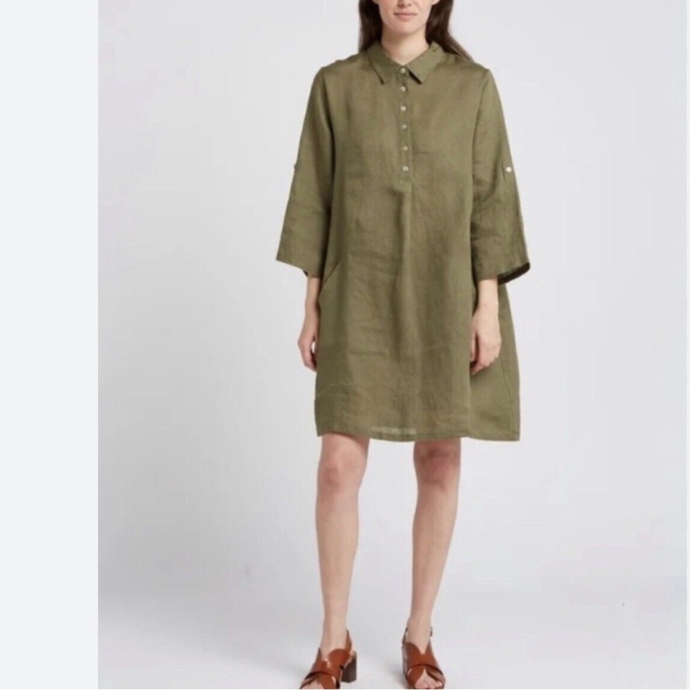 Linen Made in Italy Green Roll tab Sleeve Lagenlook Tunic Dress  Elena B…
